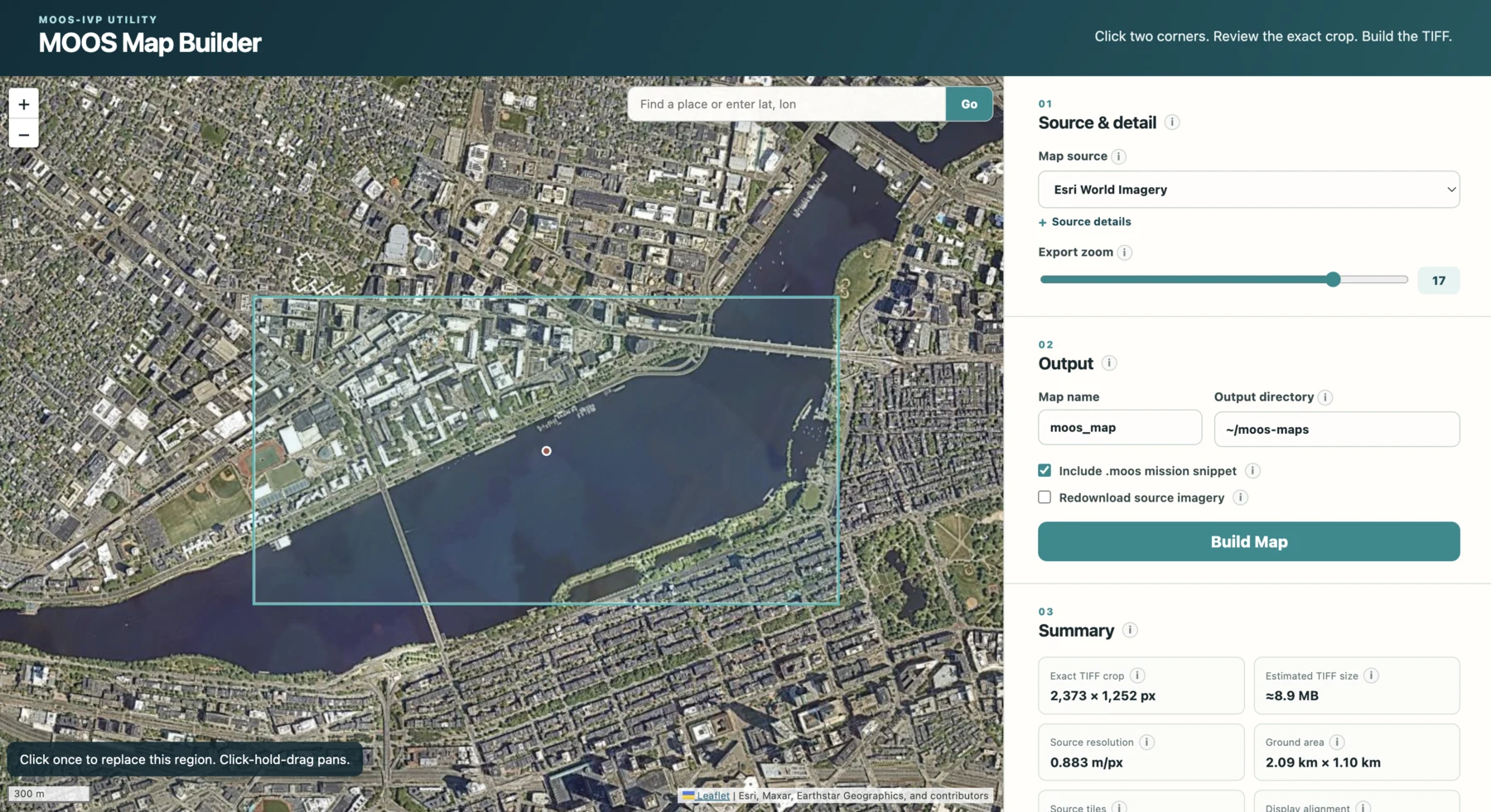 The moos-map graphical interface showing an aerial map, a selected crop region, imagery and zoom controls, output options, and a build summary