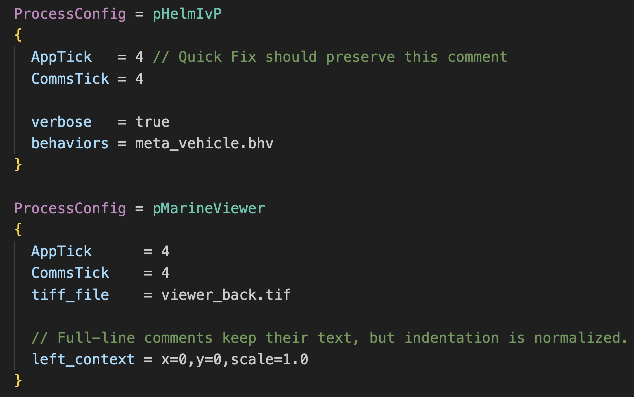 The MOOS-IvP VS Code extension formatting mission configuration while preserving comments